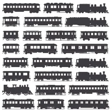 Black and white train and railcar silhouettes on white background 库存插图