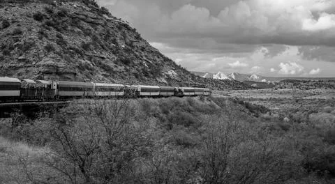 Black and White Train through Sedona Stock Photos