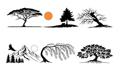 Black and white tree silhouettes with mountain landscape and sun Stock Illustration