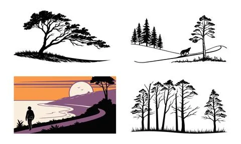 Black and white tree silhouettes with landscape scenes nature forest Stock Illustration