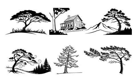 Black and white of trees and a house mountains silhouettes Stock Illustration