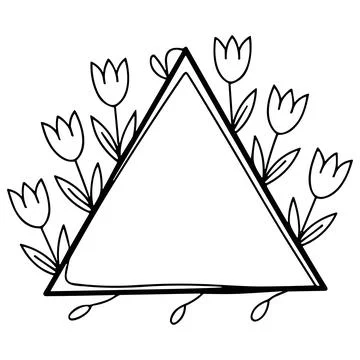 Black and white triangular frame drawing adorned with eight tulip flowers Stock Illustration