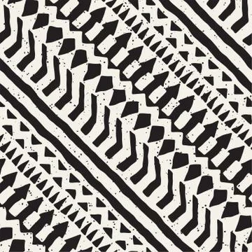 Black and white tribal vector seamless pattern with doodle elements. Aztec .. Stock Illustration