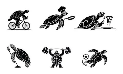 Black and white of turtles engaging in various activities sea turtles Stock Illustration