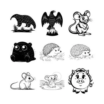 Black and white of various animals including anteater, eagle, mouse, hedgeh.. Stock Illustration