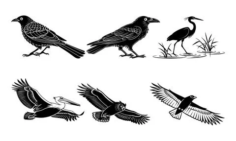 Black and white of various bird species birds crow heron pelican Stock Illustration