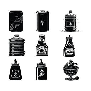Black and white of various bottles and containers condiments beverages Stock Illustration