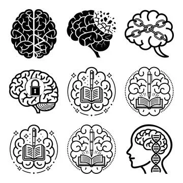 Black and white of various brain and neuron shapes and patterns msea set br.. Stock Illustration
