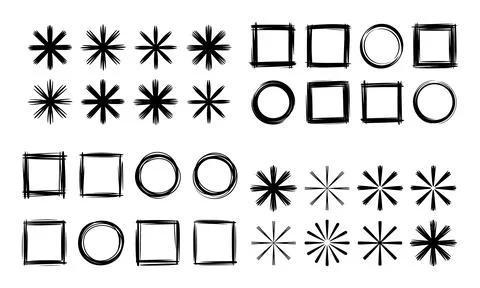 Black and white of various brush stroke frames and starburst shapes 스톡 일러스트