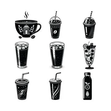 Black and white of various coffee and soda drinks Stock Illustration