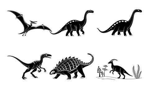 Black and white of various dinosaurs prehistoric creatures animals prehistory Stock Illustration
