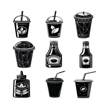 Black and white of various drink containers and bottles cups straws Stock Illustration