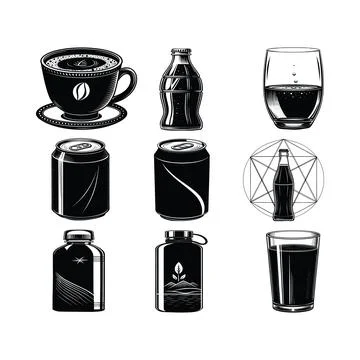 Black and white of various drinks and containers beverage coffee soda cola Stock Illustration