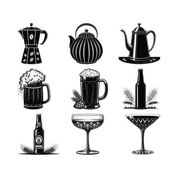 Black and white of various drinkware and bottles coffee maker teapot beer mug Stock Illustration