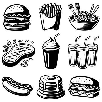 Black and white of various fast food and drinks burger Stock Illustration