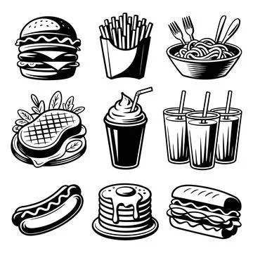 Black and white of various fast food burger fries Stock Illustration