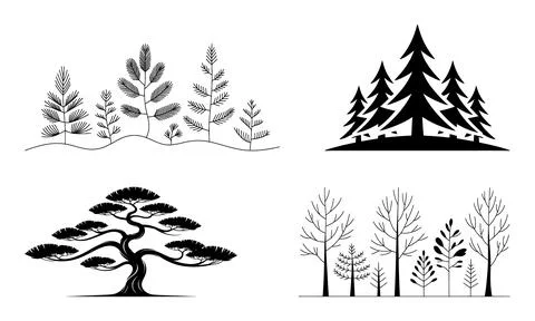 Black and white of various tree silhouettes and foliage plants Stock Illustration
