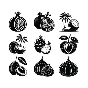 Black and white of various tropical fruits and palm trees Stock Illustration