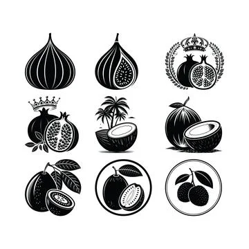 Black and white of various tropical fruits and crowns Stock Illustration