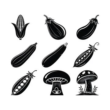 Black and white of various vegetables and mushrooms corn eggplant Stock Illustration