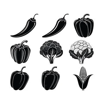Black and white of various vegetables including peppers broccoli and corn b.. Stock Illustration