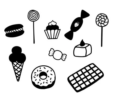 Black and White Vector Candy Icons. Sweets, ice cream, donut in line style, set Stock Illustration