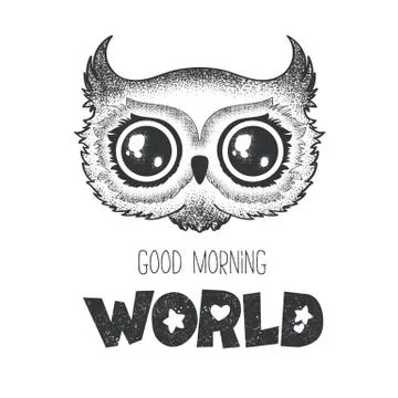 Black and white vector card with hand drawn owl and lettering Good morning Wo Stock Illustration