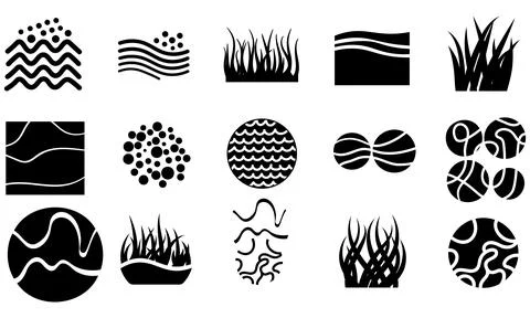 Black and white vector collection featuring wave lines, grass silhouettes, wa Illustrazione stock