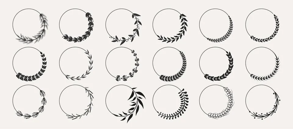 Black and white vector designs of circular wreaths with various leaf patterns 库存插图