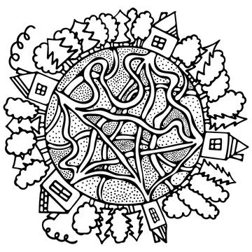 Black and White Vector Doodle Illustration with Pathway, House and Tree. Stock Illustration
