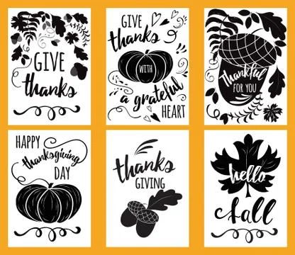 Black and white vector hand drawn Doodle Happy Thanksgiving Day cards. Vertic Stock-Illustration