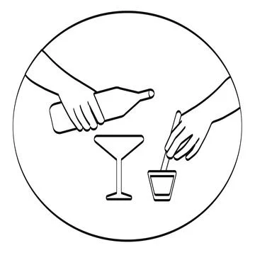 Black and white vector hand drawing line. Hands of the bartender making a coc Stock Illustration