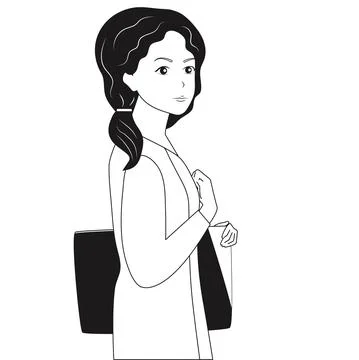 Black and white vector hand drawing line. Girl goes to the store shopping. Stock Illustration