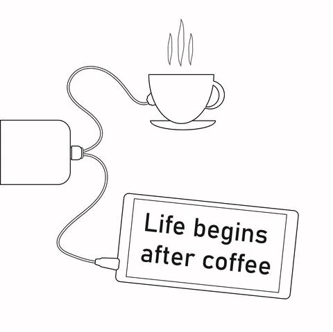 Black and white vector hand drawing line. Delicious coffee, quotes about coff Stock Illustration