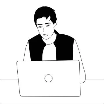 Black and white vector hand drawing line. The guy works at the laptop. Stock-Illustration