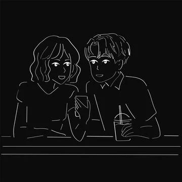 Black and white vector hand drawing line. A guy and a girl are sitting in a c Stock-Illustration