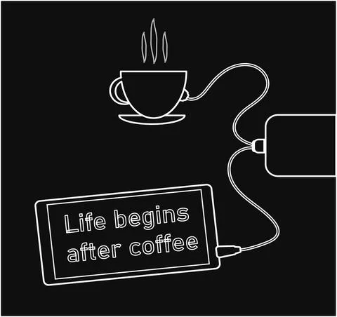 Black and white vector hand drawing line. Delicious coffee, quotes about coff Stock Illustration