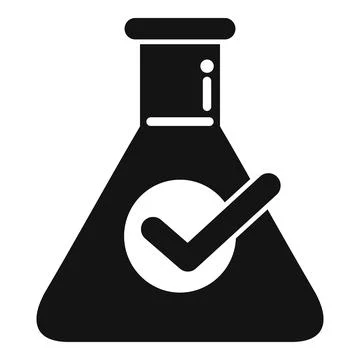 Black and white vector icon of a chemical flask with a checkmark, symbolizing Stock Illustration