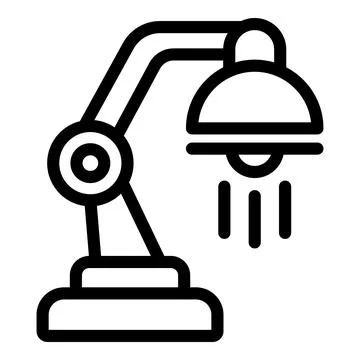 Black and white vector icon of a modern desk lamp with light rays shining Illustrazione stock
