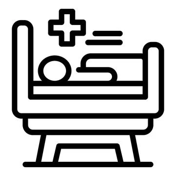 Black and white vector icon of a patient in a hospital bed with a medical cross Illustration
