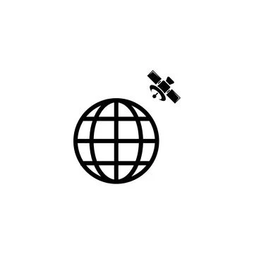 Black and white vector icon of a satellite orbiting a globe, symbolizing glob Illustrazione stock