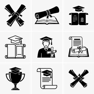 This black and white vector icon set displays academic achievement and learni Stock Illustration
