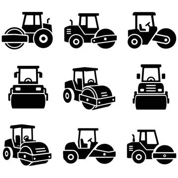 Black and White Vector Icon Set Depicting Various Road Roller Construction .. Иллюстрация