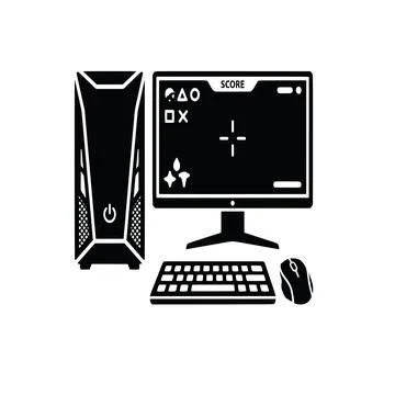 Black and white vector icon of a gaming desktop computer setup Stock Illustration