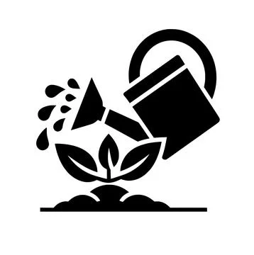 Black and white vector icon of watering can watering a plant sprout Stock Illustration
