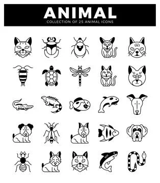 Black and white vector icons of 25 animals for design. 스톡 일러스트