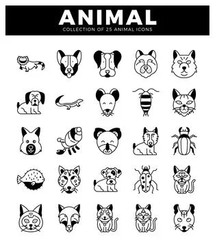 Black and white vector icons of diverse animals and insects on a white back.. 스톡 일러스트