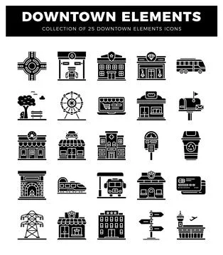 Black and white vector icons of downtown elements on a white background. de.. Stock Illustration