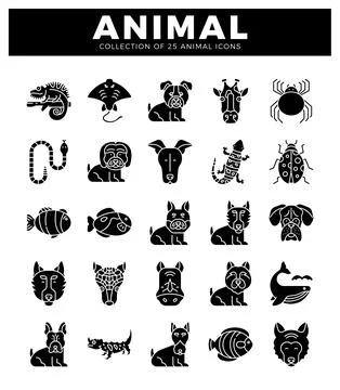 Black and white vector icons of 25 animals arranged in a grid on a white ba.. Stock Illustration