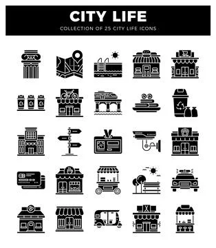 Black and white vector icons representing various city life elements. from .. 스톡 일러스트